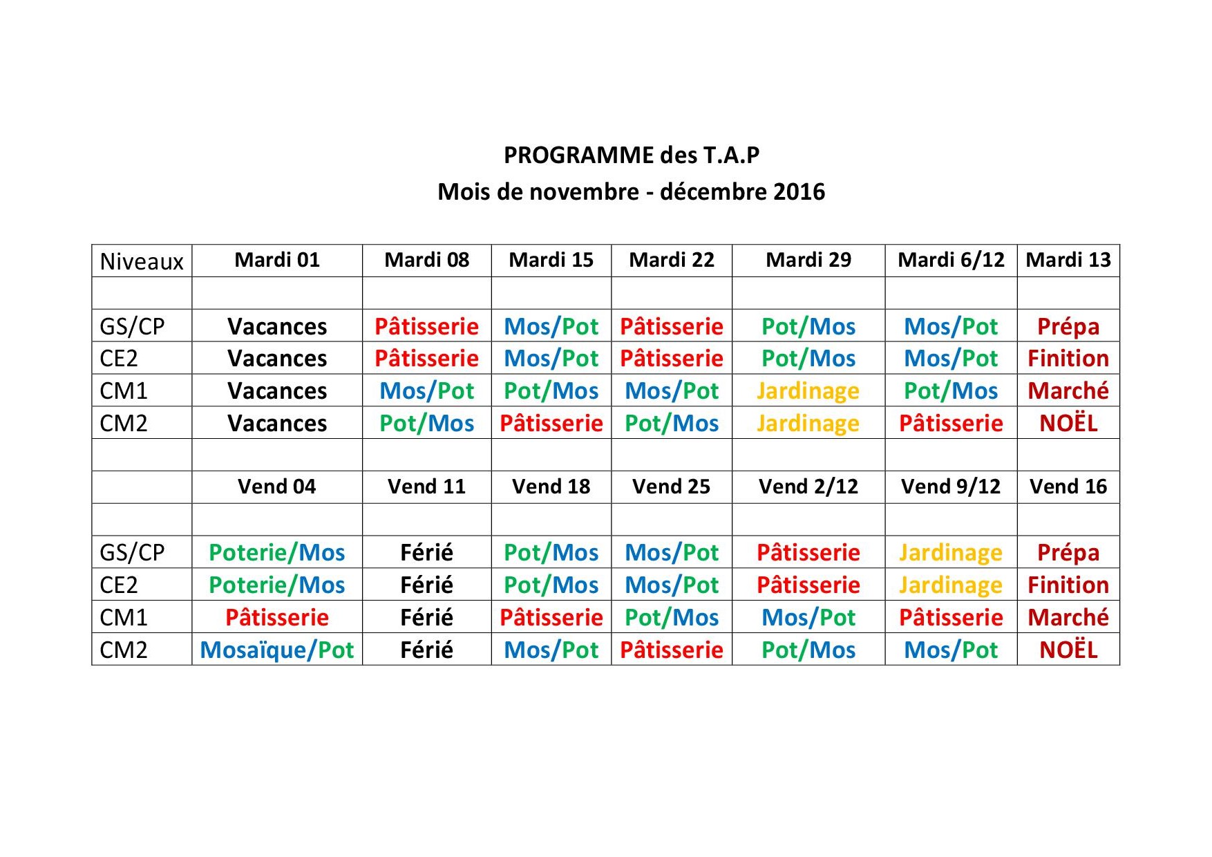 TAP programme novembre decembre 2016